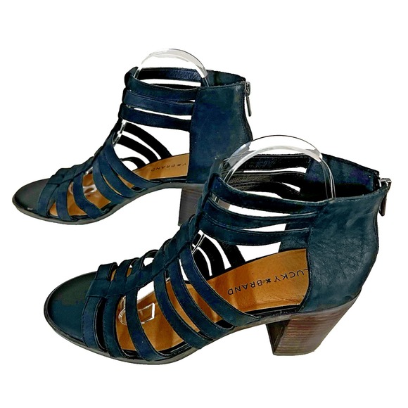 Lucky Brand‎ Kyndrah Shoes Sandals Womens 9 Black Leather Gladiator Block Heels - Picture 1 of 10